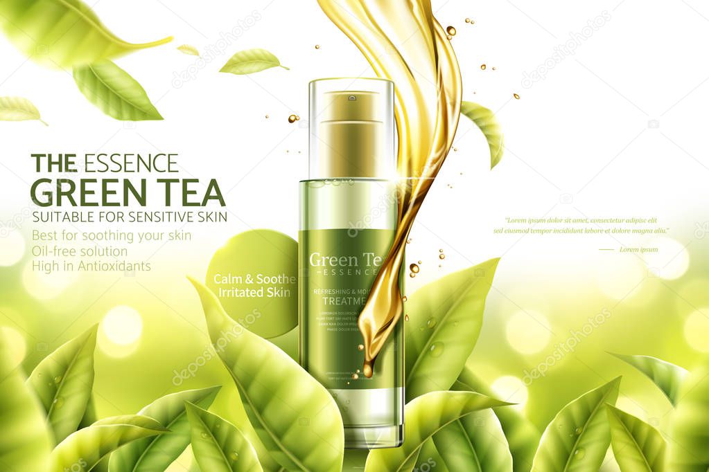 Green tea essence ads with swirling serum liquid and leaves in 3d illustration, nature bokeh background