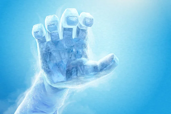 冰冻手在3D 例证蓝色背景 冰雕效果 — 图库矢量图片
