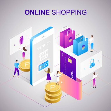 Online alışveriş kavramı 3d İzometrik projeksiyon
