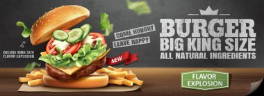 Blackboard arka planda 3d çizim lezzetli hamburger ve patates banner reklamları