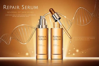 Serum reklamlar damlacık şişe ve cam doku Dna iplikçik 3d çizim ile onarım