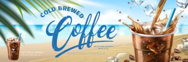 Soğuk demlenmiş kahve banner reklamları 3d çizimde, yaz plaj bokeh arka plan