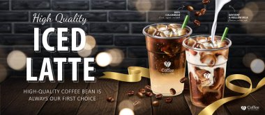 Buzlu latte banner reklamları 3d çizimde, ahşap masa kahve