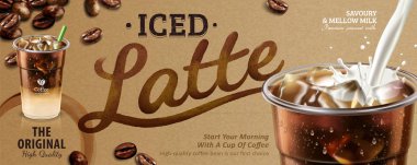 Buzlu latte banner reklamları 3d çizimde, kraft kağıt arka plan üzerinde kahve