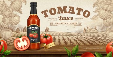 Domates sosu banner reklamları ile oyulmuş doğa arka planda 3d çizim