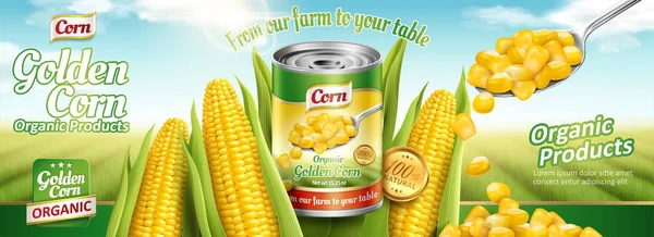 有机罐头玉米横幅广告与美味的玉米在3D — 图库矢量图片