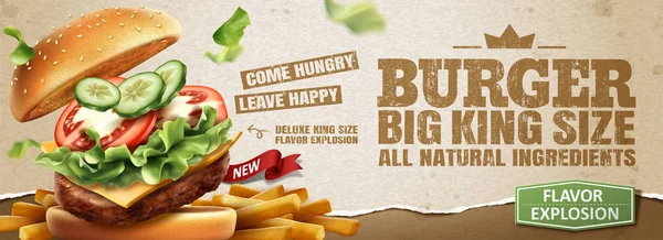 Delicious Hamburger Fries Banner Ads Kraft Paper Background Illustration - Stok Vektor