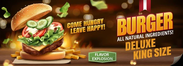 Delicious Hamburger Fries Banner Ads Bokeh Burning Background Illustration - Stok Vektor