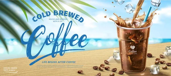 Soğuk demlenmiş kahve banner reklamları 3d çizimde, yaz plaj bokeh arka plan