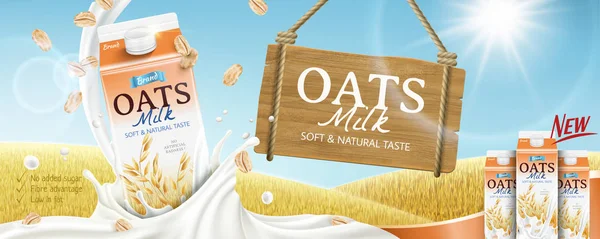 Βρώμη Γάλα Διαφημίσεις Banner Τρισδιάστατη Απεικόνιση Πιτσίλισμα Υγρό Χρυσό Σιτάρι — Διανυσματικό Αρχείο