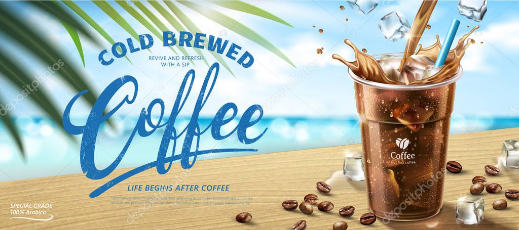 Cold brewed coffee banner ads in 3d illustration, summer beach bokeh background