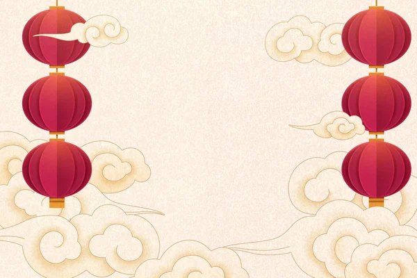 Традиционный Фон Висячими Красными Фонарями Облаками Бежевом Фоне Стиль Бумажного — стоковый вектор