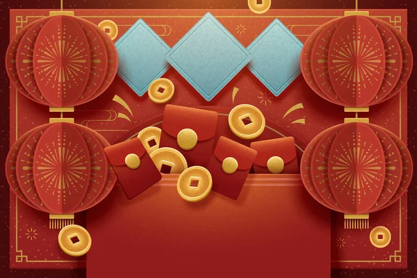 Поздравление Новым Годом Плакат Висящими Фонарями Красные Конверты Элементы Счастливые — стоковый вектор