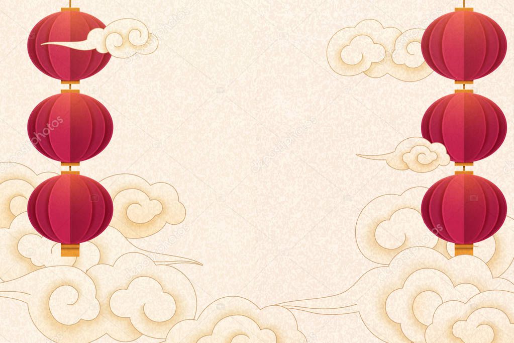 Traditional background with hanging red lanterns and clouds on beige background, paper art style