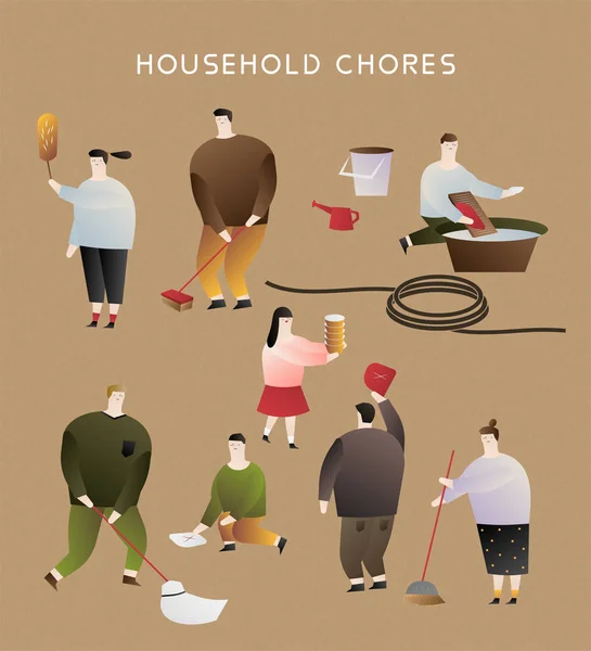 People Doing Household Chores Flat Design — Stock Vector