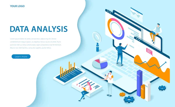 Data Analysis Isometric Style Illustration Blue Tone — Stock Vector