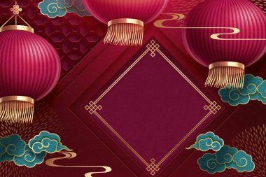 Geleneksel Çince ay yeni yıl arka plan boş bahar beyit ve kırmızı kağıt fenerler şarap rengi kırmızı ile