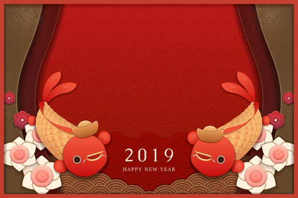 Leuk Chinees Nieuwjaar Wenskaartsjabloon Met Vis Bloemen Papier Kunst — Stockvector