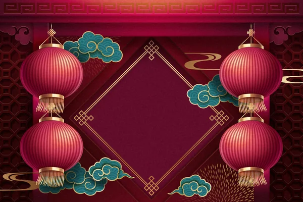 中国传统农历新年背景与空白的春天对联和红纸灯笼在勃艮第红色 — 图库矢量图片