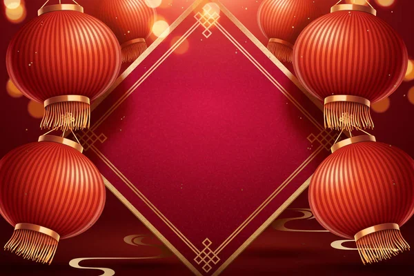 中国传统农历新年背景与空白春联和红纸灯笼 — 图库矢量图片