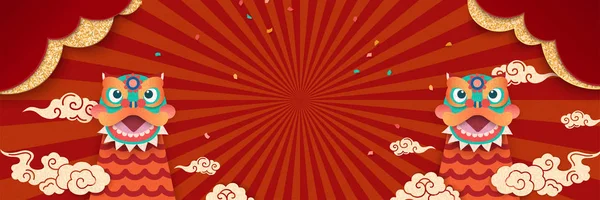 Щасливий Новорічний Банер Милими Танцями Лева Елементами Феєрверків — стоковий вектор