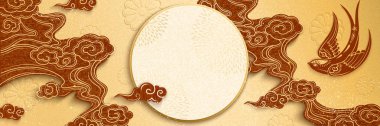 Chinese new year banner design with swallow and clouds in paper art style clipart