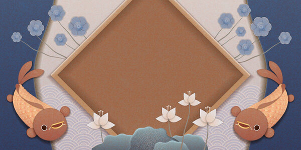 Lunar year design with fish and plum flower on blue and light purple background