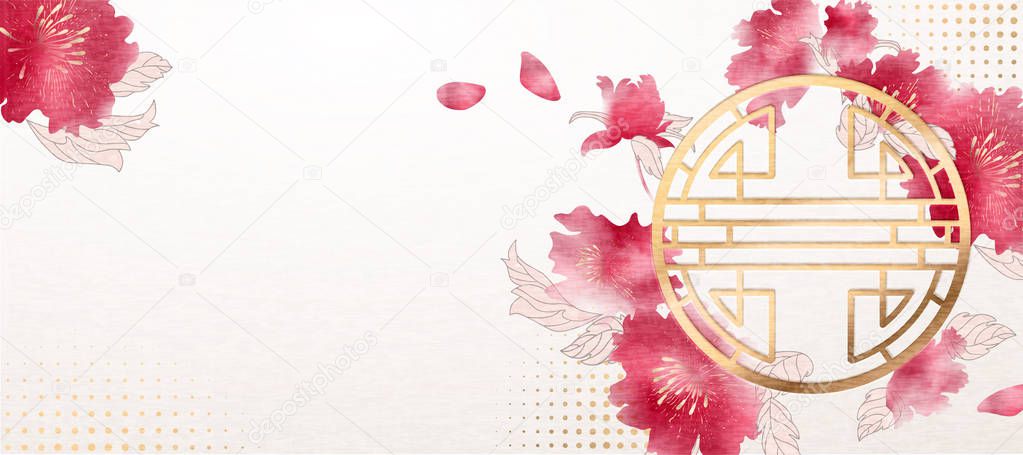 Happy Chinese New Year banner design with ink painting peony and traditional window frame