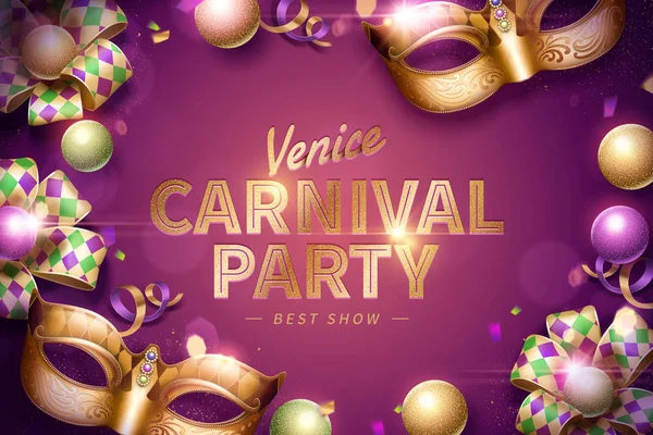 Venecia Diseño Fiesta Carnaval Con Máscara Decorativa Cintas Rombo Sobre — Vector de stock