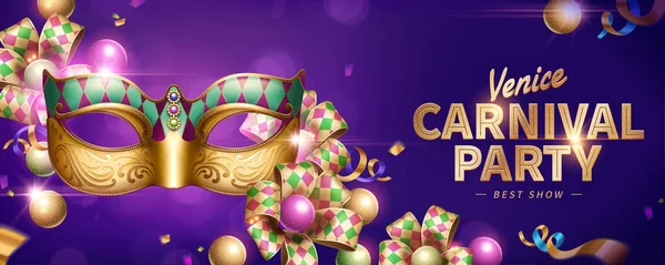 Carnaval Venecia Diseño Banner Fiesta Con Máscara Decorativa Cintas Rombo — Vector de stock