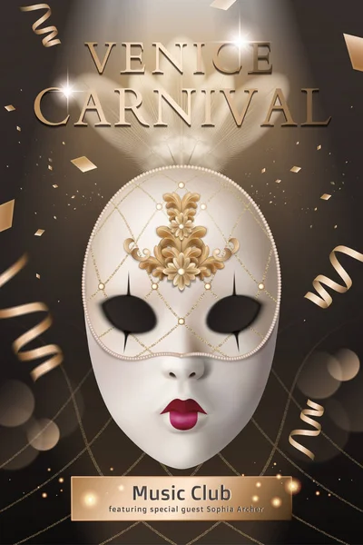 Carnaval Venecia Cartel Misterioso Con Máscara Blanca Decoración Plumas Ilustración — Vector de stock