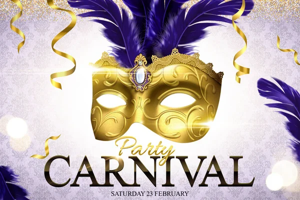 Diseño Fiesta Carnaval Con Máscara Oro Ilustración Sobre Fondo Bokeh — Vector de stock