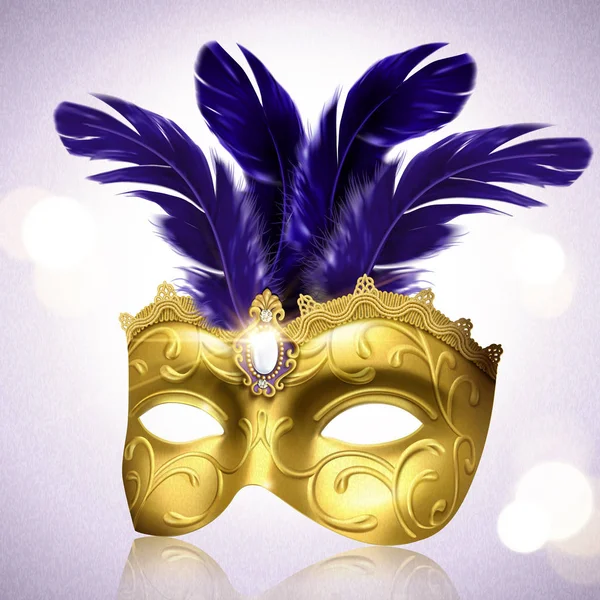 Lujosa Máscara Dorada Con Pluma Púrpura Ilustración Sobre Fondo Bokeh — Vector de stock