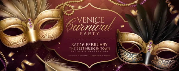 Carnaval Venecia Banner Fiesta Diseño Con Hermosas Máscaras Rombo Burdeos — Vector de stock