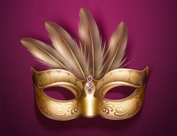 Glamouröse Goldene Maske Mit Federn Illustration Auf Bordeauxrotem Hintergrund — Stockvektor