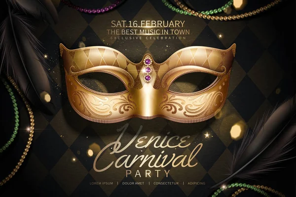 Venedig Karneval Party Design Mit Goldener Maske Illustration Auf Rautenschwarzem — Stockvektor