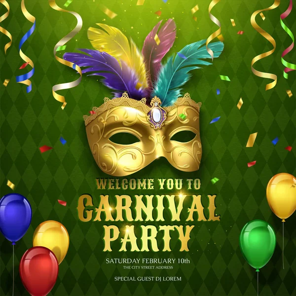 Karneval Party Design Mit Masken Und Luftballons Auf Grünem Rautenhintergrund — Stockvektor