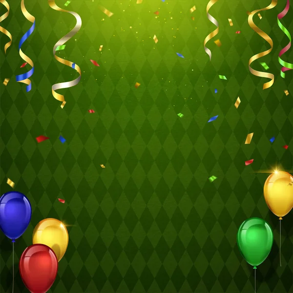Decorações Festa Com Balões Confetes Fundo Losango Verde —  Vetores de Stock