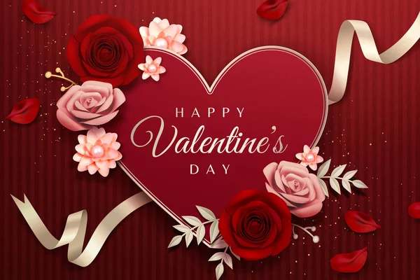 Fröhlicher Valentinstag Mit Papierrosen Und Herzförmiger Karte Auf Rot Gestreiftem — Stockvektor
