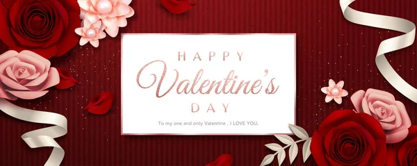 Feliz Día San Valentín Con Rosas Papel Cintas Banner Rayas — Vector de stock