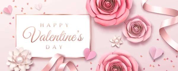 Glücklicher Valentinstag Banner Design Mit Floralen Rosen Und Band Illustration — Stockvektor