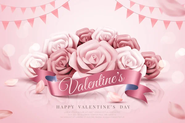 イラスト 党旗やリボンの装飾のロマンチックなバレンタインの日紙バラ花束 — ストックベクタ