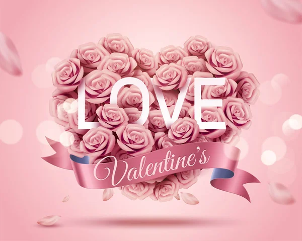 Romantische Valentinstag Vorlage Mit Papier Rose Herzform Strauß Illustration — Stockvektor