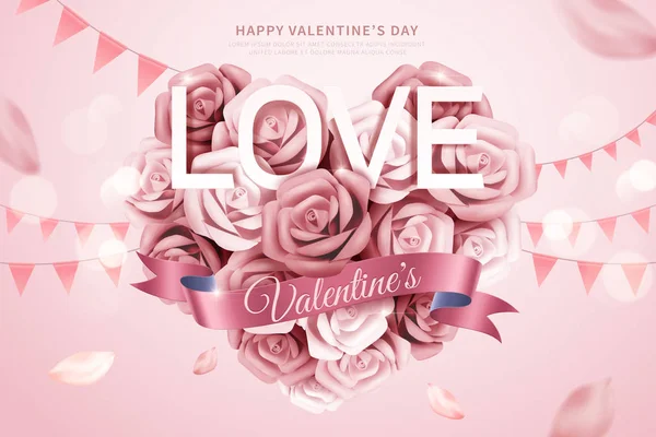 Papel Romántico San Valentín Rosa Ramo Forma Corazón Ilustración Banderas — Vector de stock