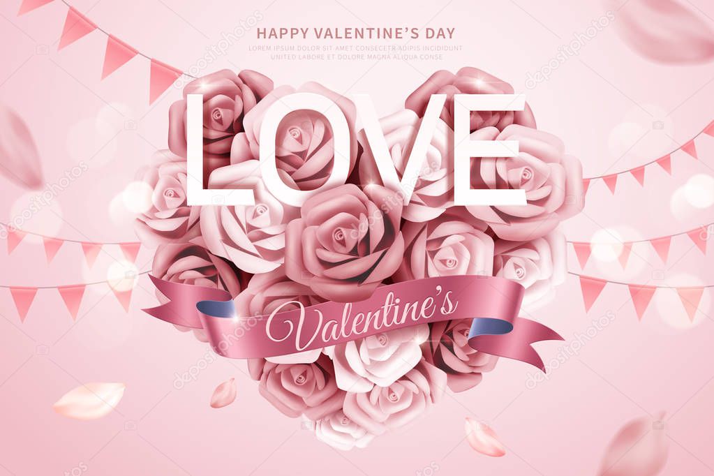 Romantic Valentine's Day paper rose heart shaped bouquet in 3d illustration, party flags and flying petals