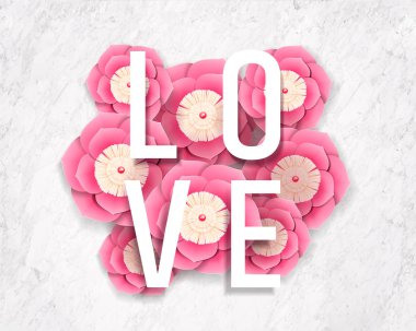 Aşk sözcükleri ve kağıt çiçekler mermer taş arka planda 3d çizim, üstten görünüm