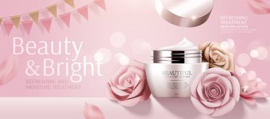 Romantik kozmetik krem banner reklamları ile kağıt gül pembe bokeh arka planda 3d çizim üzerinde