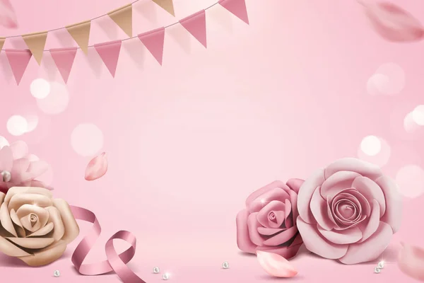 Романтические Розовые Золотые Бумажные Розы Фоне Боке Партии Иллюстрации — стоковый вектор