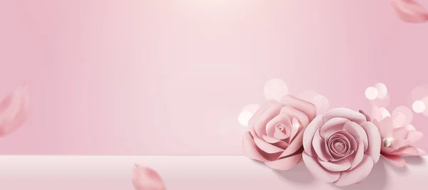 Romantiche Rose Carta Rosa Bambino Sfondo Banner Bokeh Illustrazione — Vettoriale Stock