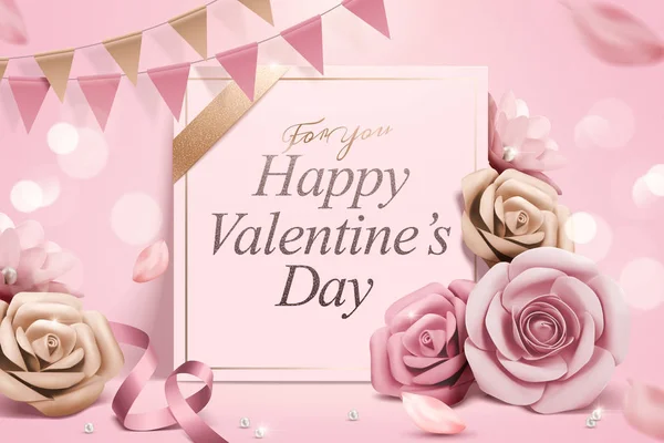 Glückliche Valentinstag Vorlage Mit Papierrosen Und Schleifendekorationen Auf Rosa Bokeh — Stockvektor